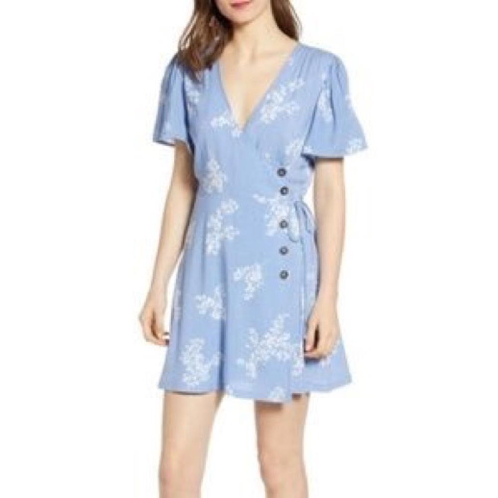 ALL IN FAVOR Blue Floral Wrap Mini Dress